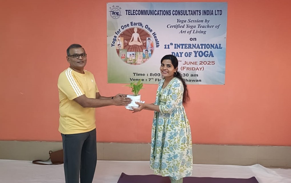 On occasion of 11th International Day of Yoga 2025, TCIL organized a Yoga Session on 20-06-2025 by Ms Tanvi Salgia a Certified Yoga Teacher of Art of Living. The yoga session helped TCILians in maintaining physical fitness along with mental and spiritual well being On occasion of 11th International Day of Yoga 2025, TCIL organized a Yoga Session on 20-06-2025 by Ms Tanvi Salgia a Certified Yoga Teacher of Art of Living. The yoga session helped TCILians in maintaining physical fitness along with mental and spiritual well being
